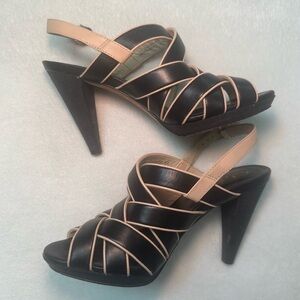 Cole Haan Black and Tan Wedge Strappy High Heel Sandals